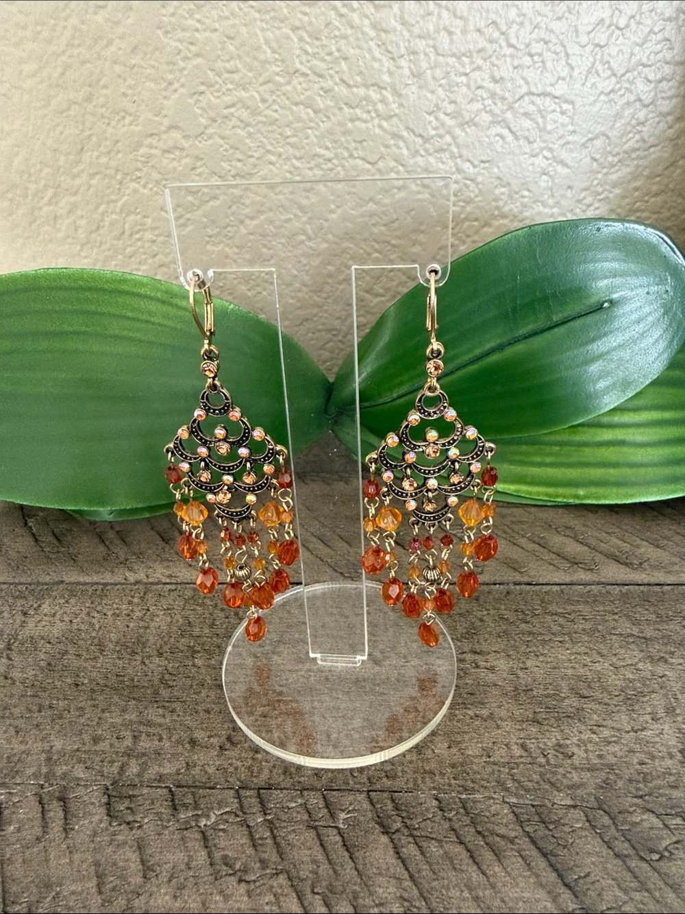 Gold-tone Orange Beaded Chandelier Earrings - Picture 6 of 6
